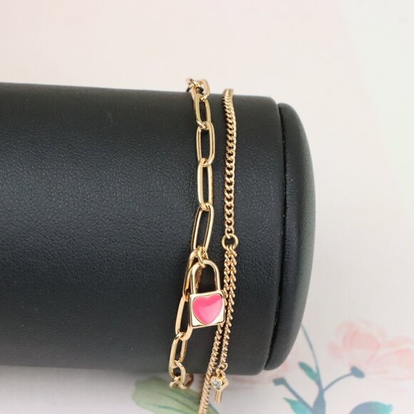 "Dual Layer Rose Gold Bracelet with Heart Lock & Key Charms, XPBL1157 - Picture 7 of 12